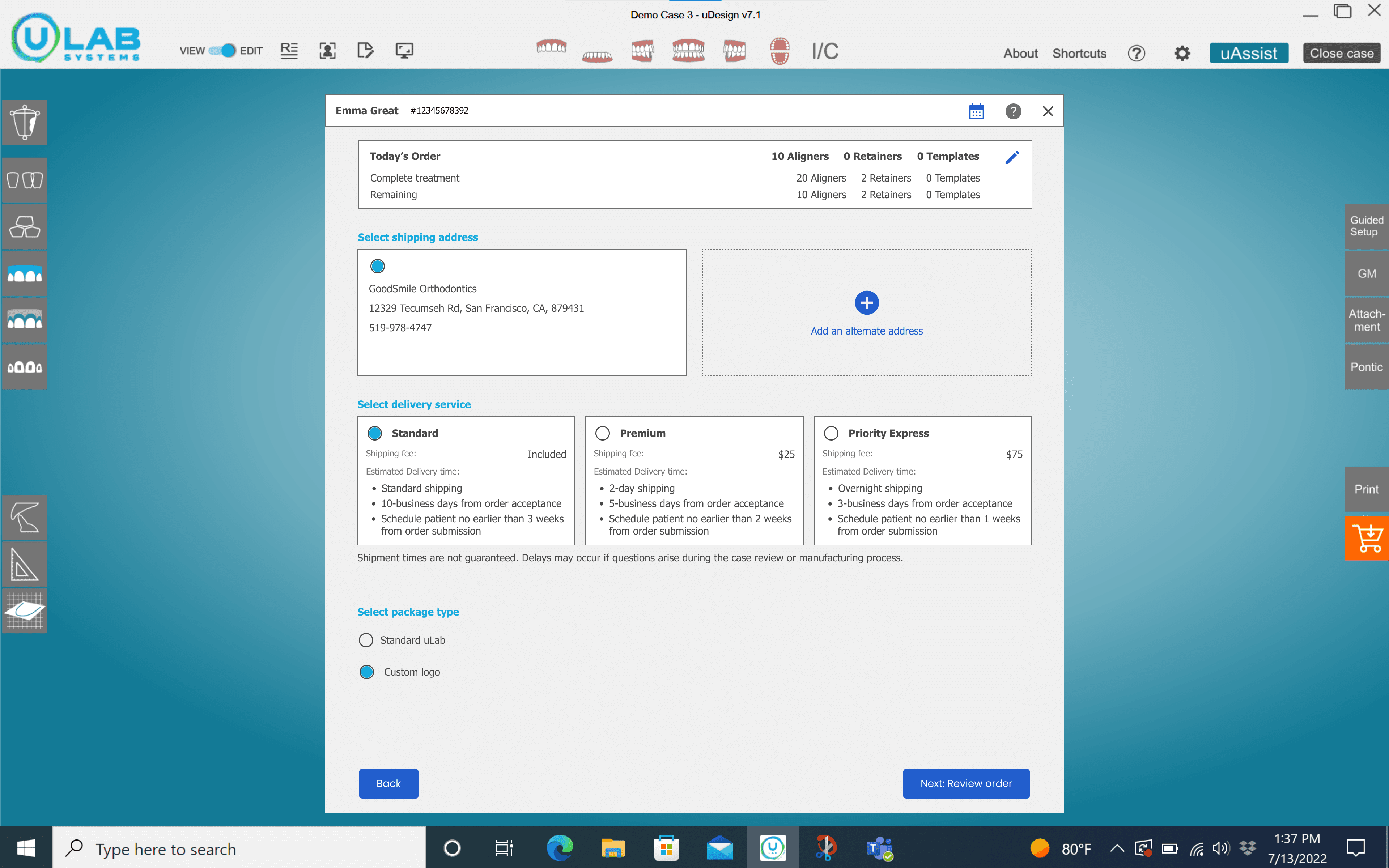 Desktop checkout screen for selecting the shipping address and delivery service