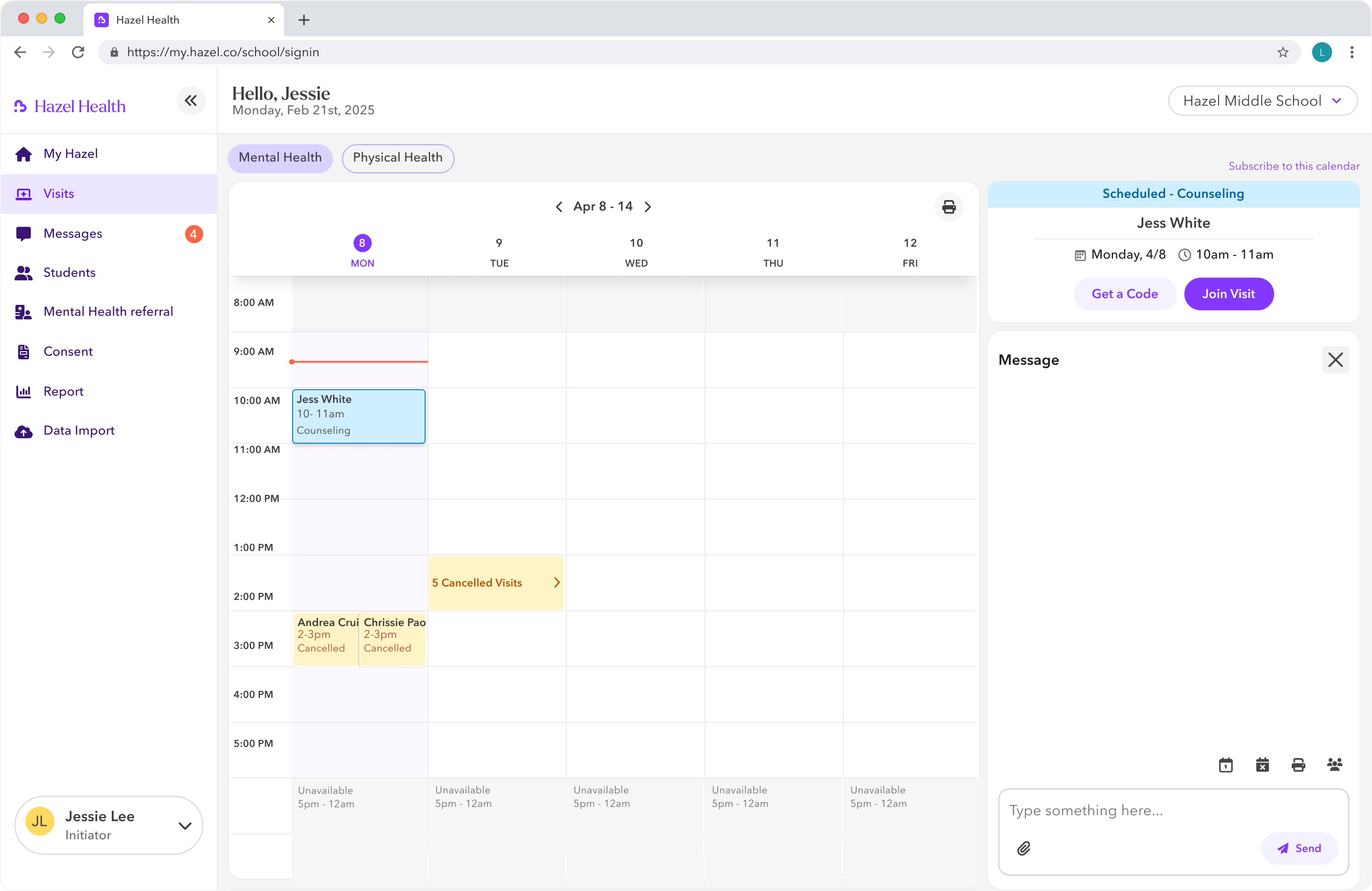 Hazel mental health calendar showing scheduled counseling visits and visit actions