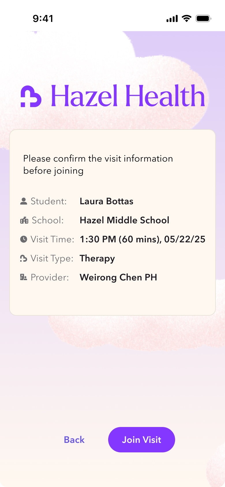 Mobile screen confirming the student, school, visit time, visit type, and provider