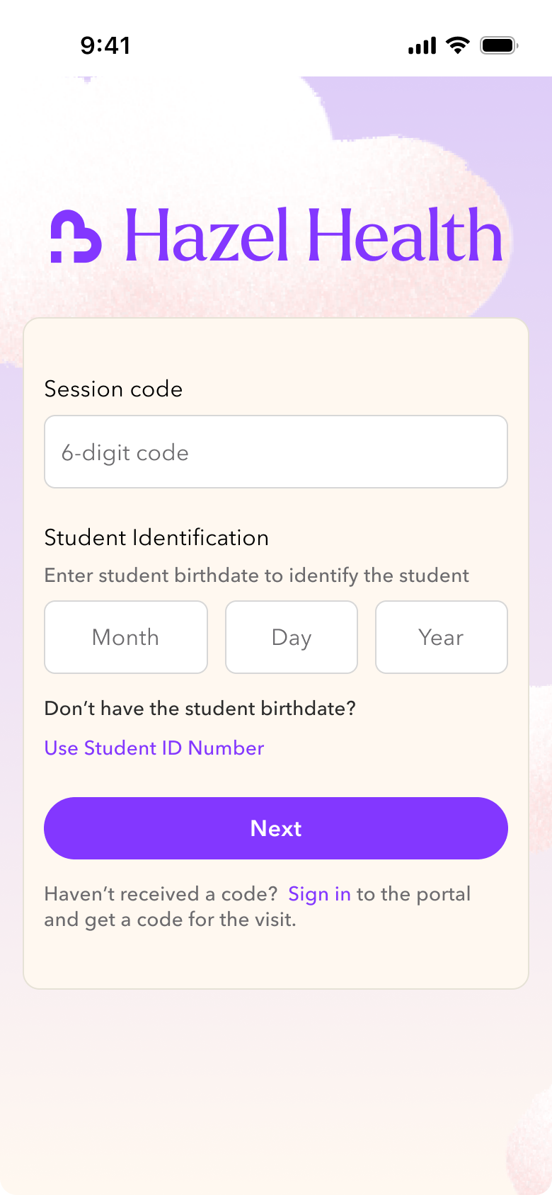 Mobile visit entry screen for a session code and student identity