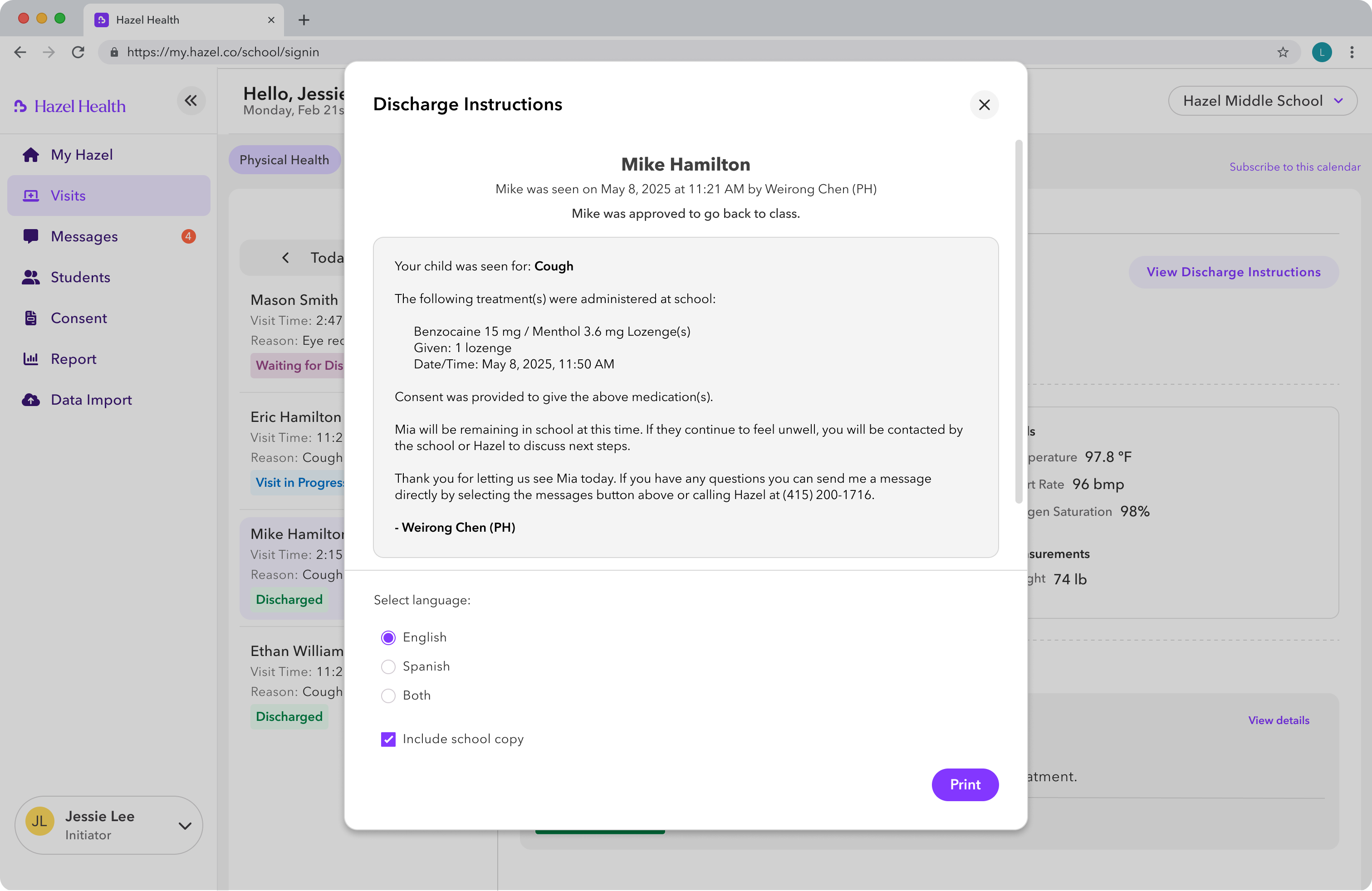 Hazel discharge instruction dialog with treatment information, language options, and print action
