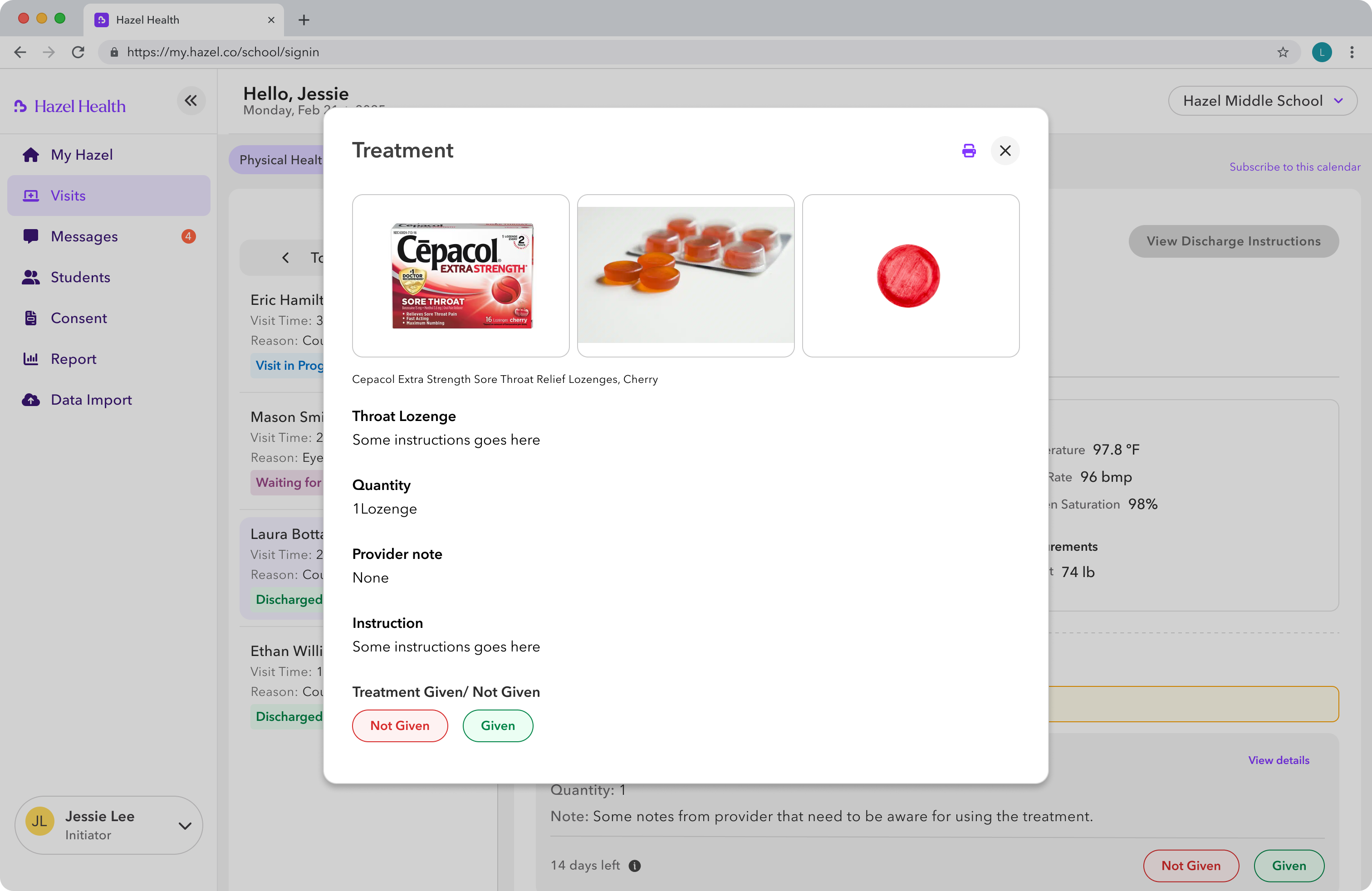 Hazel treatment detail dialog for recording whether medication was given