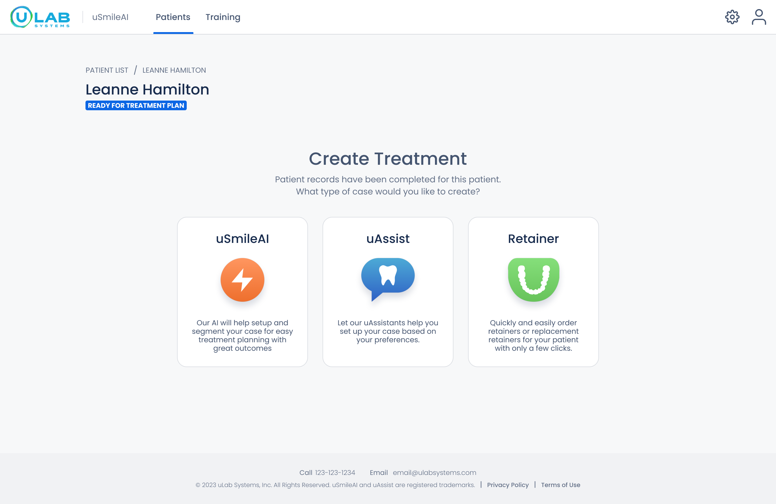 Before the conference, the Create Treatment page presented uSmileAI, uAssist, and Retainer as equal starting choices